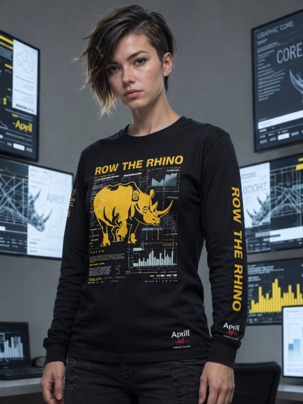 Anvil Row The Rhino Black Yellow Graphic Long Sleeve Cotton T-Shirt Size M
